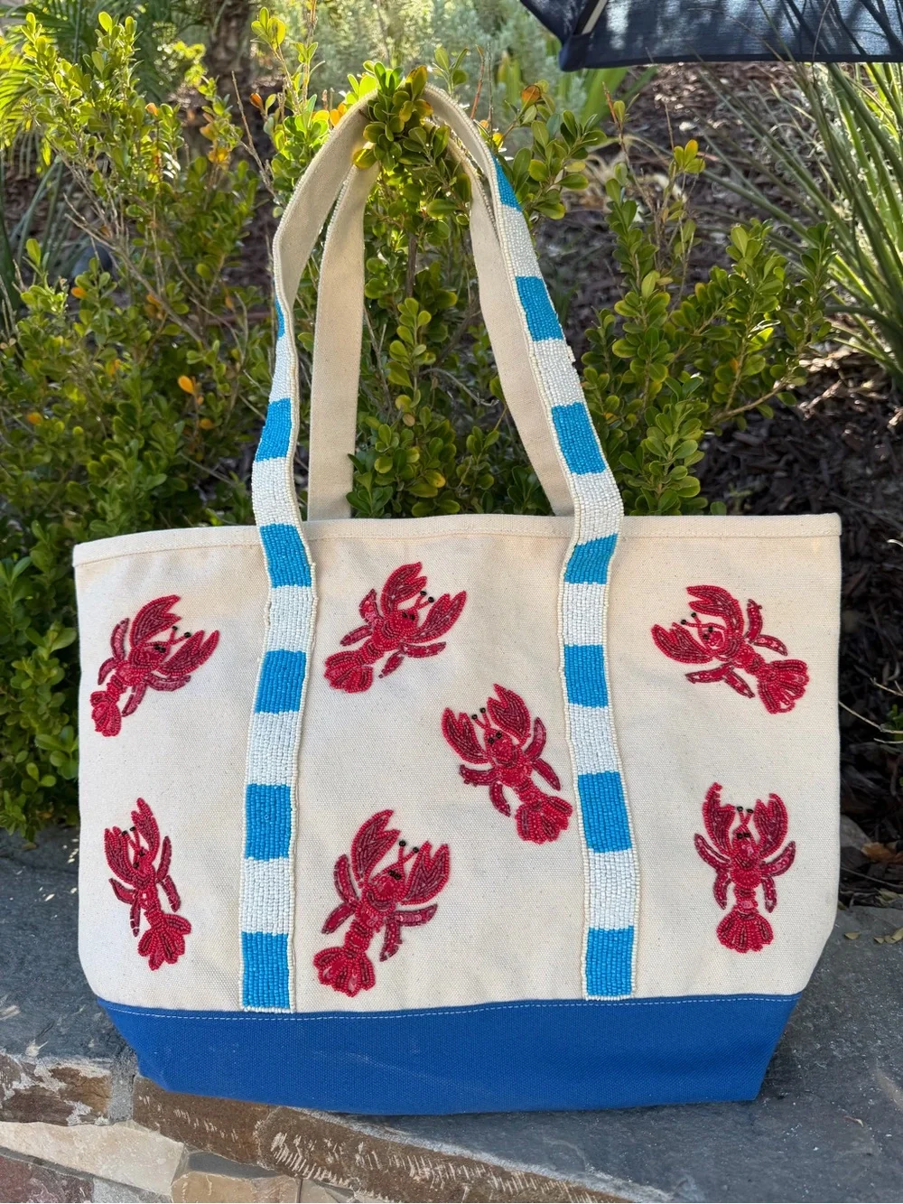 NWT Viral Beaded Cream Tote with Blue and White Trim & Red Beaded Lobster